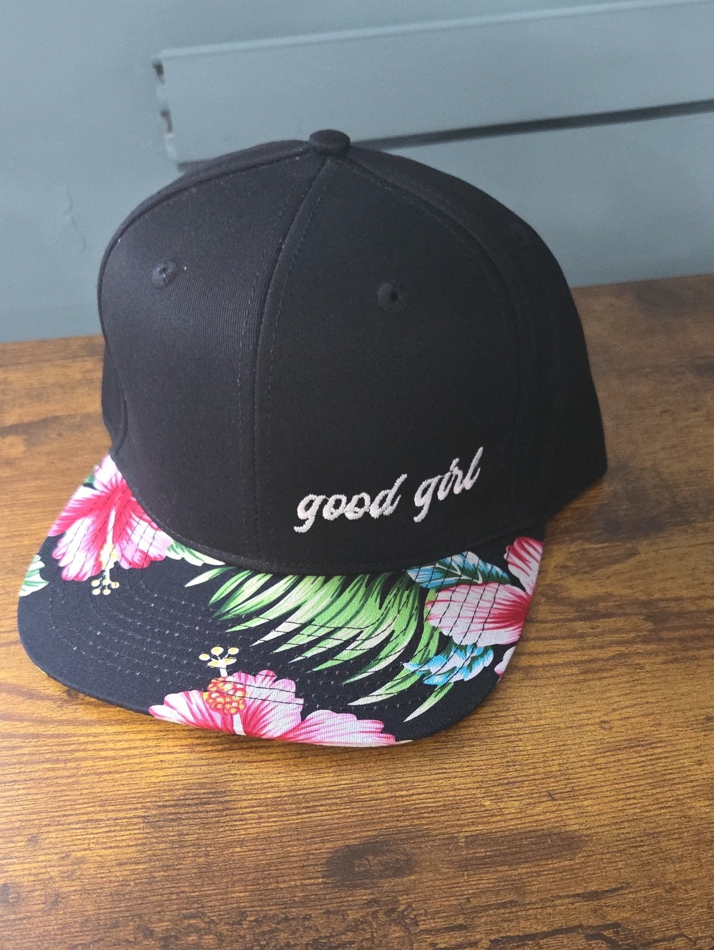 Good Girl Black Snapback Hat with Floral Hawaiian Brim